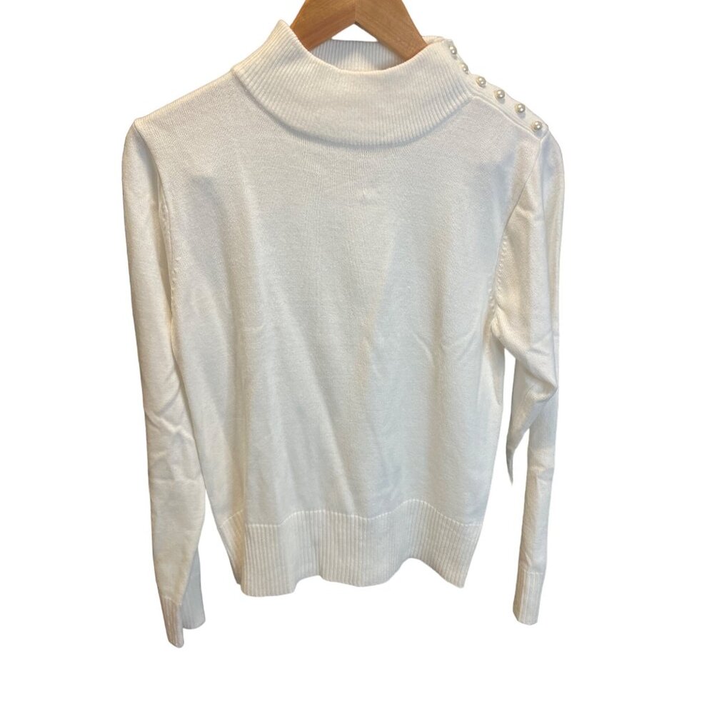 Jenny Womens White Mock Neck Sweater Pearl Shoulder Detail Size Sz Small